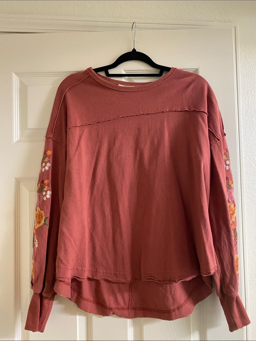 Embroidered Sleeve Rust Pullover Sweatshirt